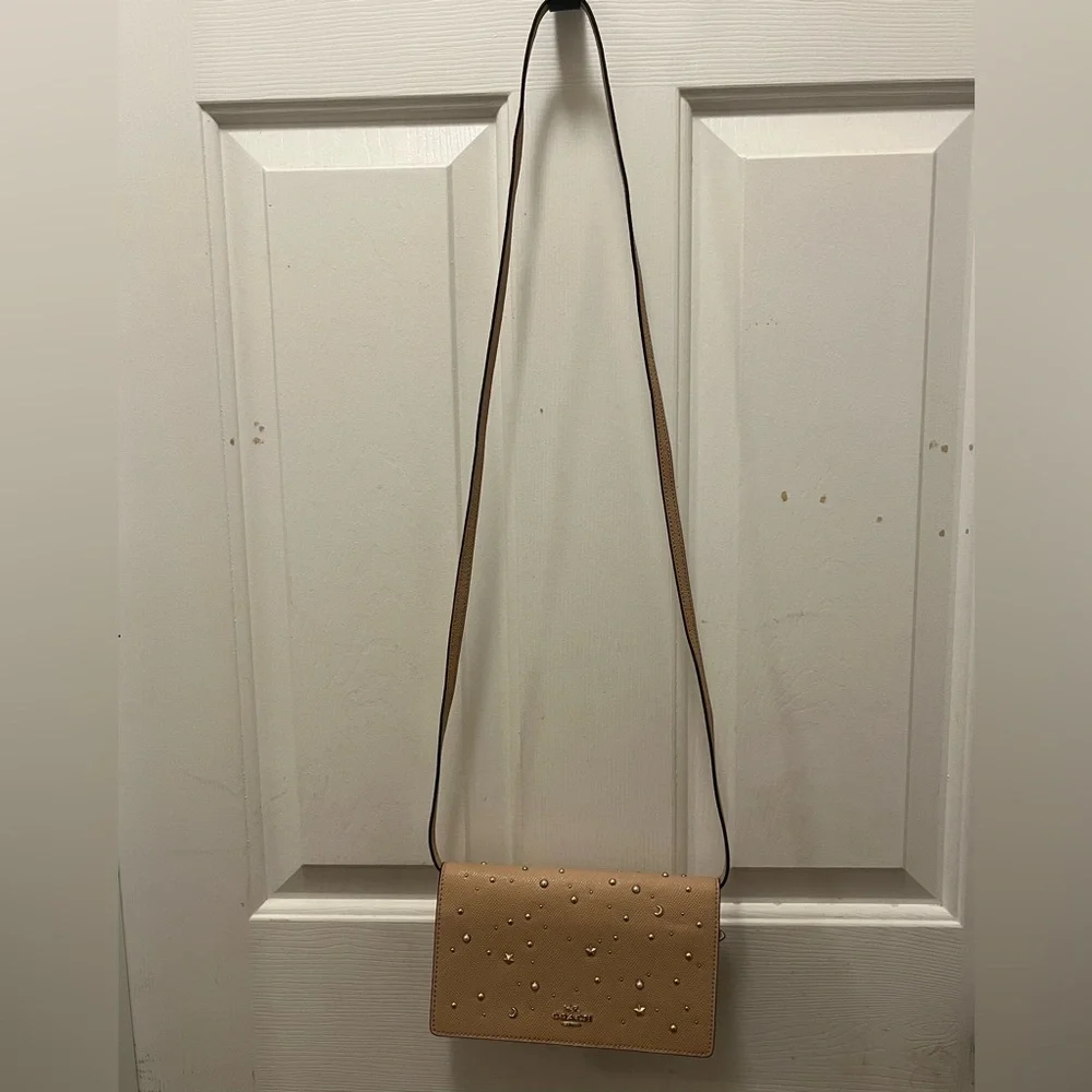 LIKE NEW Coach Foldover Crossbody Clutch w/ Celestial Studs (F30050) - Tan